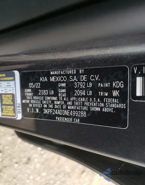 2022 Kia Forte Fe из США, поврежденный, VIN 3KPF24AD3NE499288